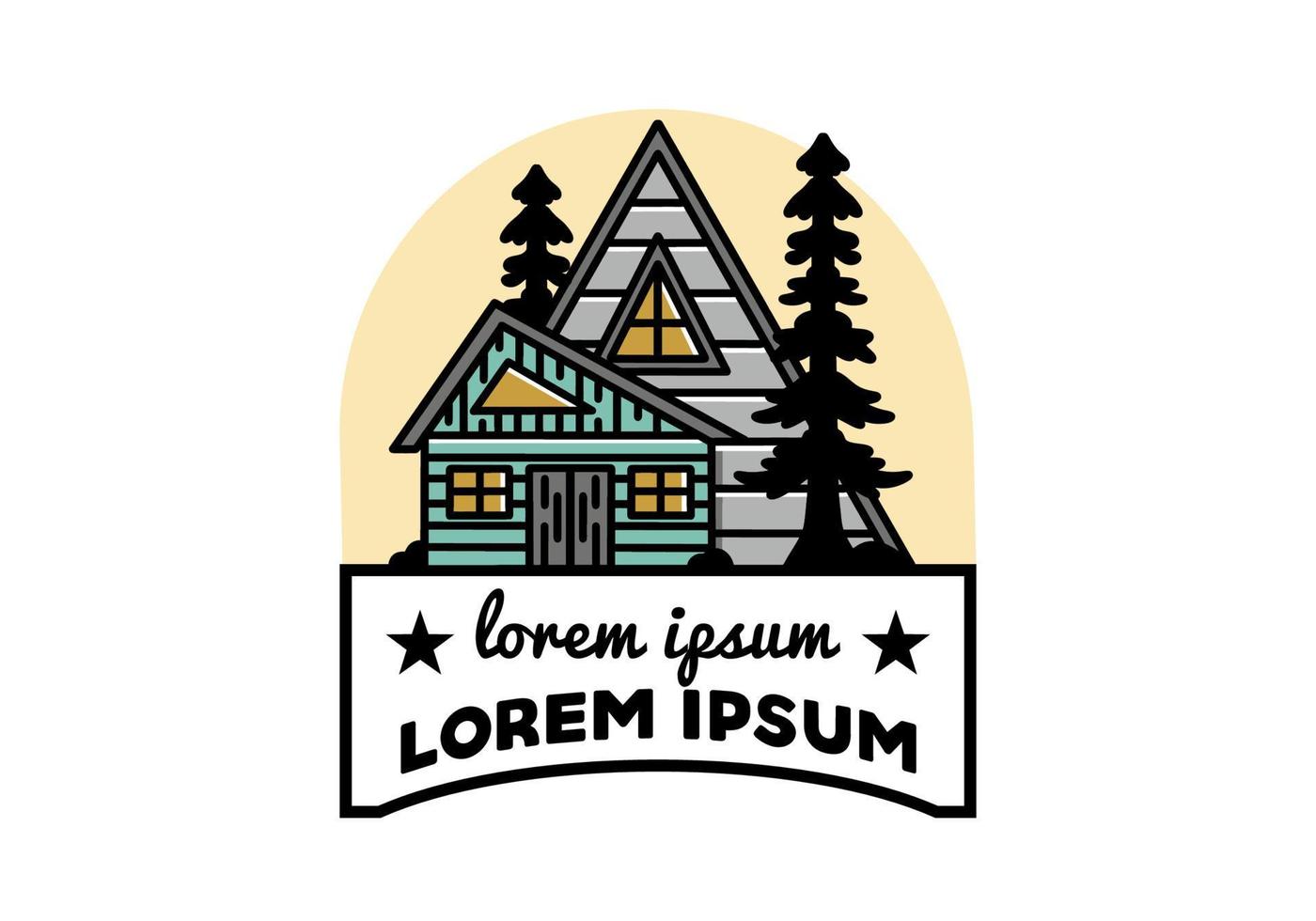 Aesthetic wood house between two pine tree illustration badge design vector