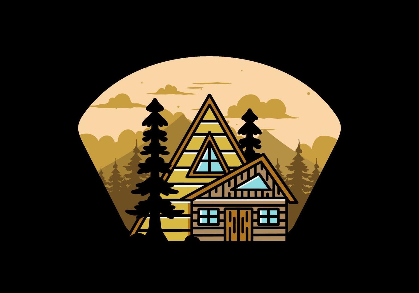 Aesthetic wood house between two pine tree illustration badge design vector