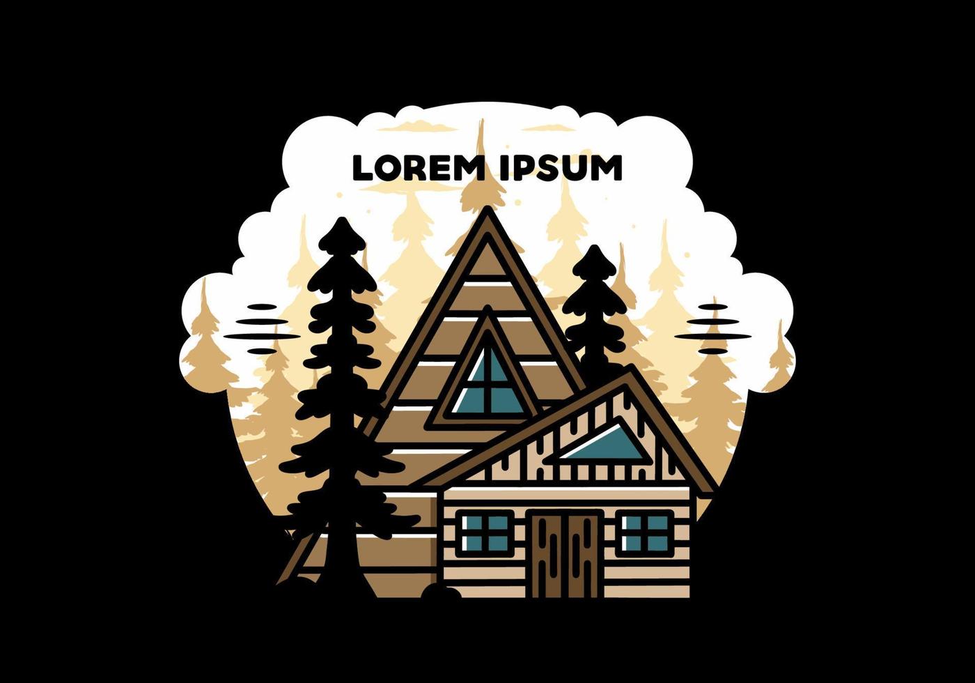 Aesthetic wood house between two pine tree illustration badge design vector