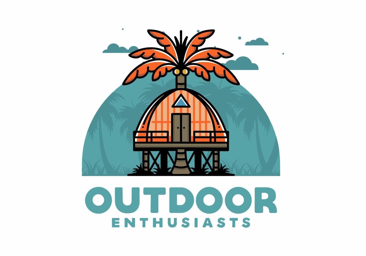 Wooden house with big coconut tree badge design vector