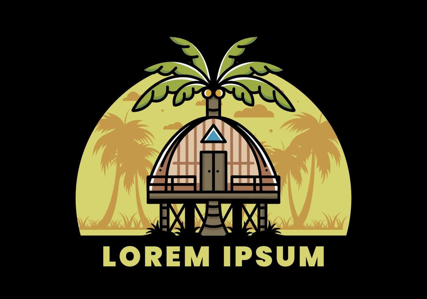 Wooden house with big coconut tree badge design vector