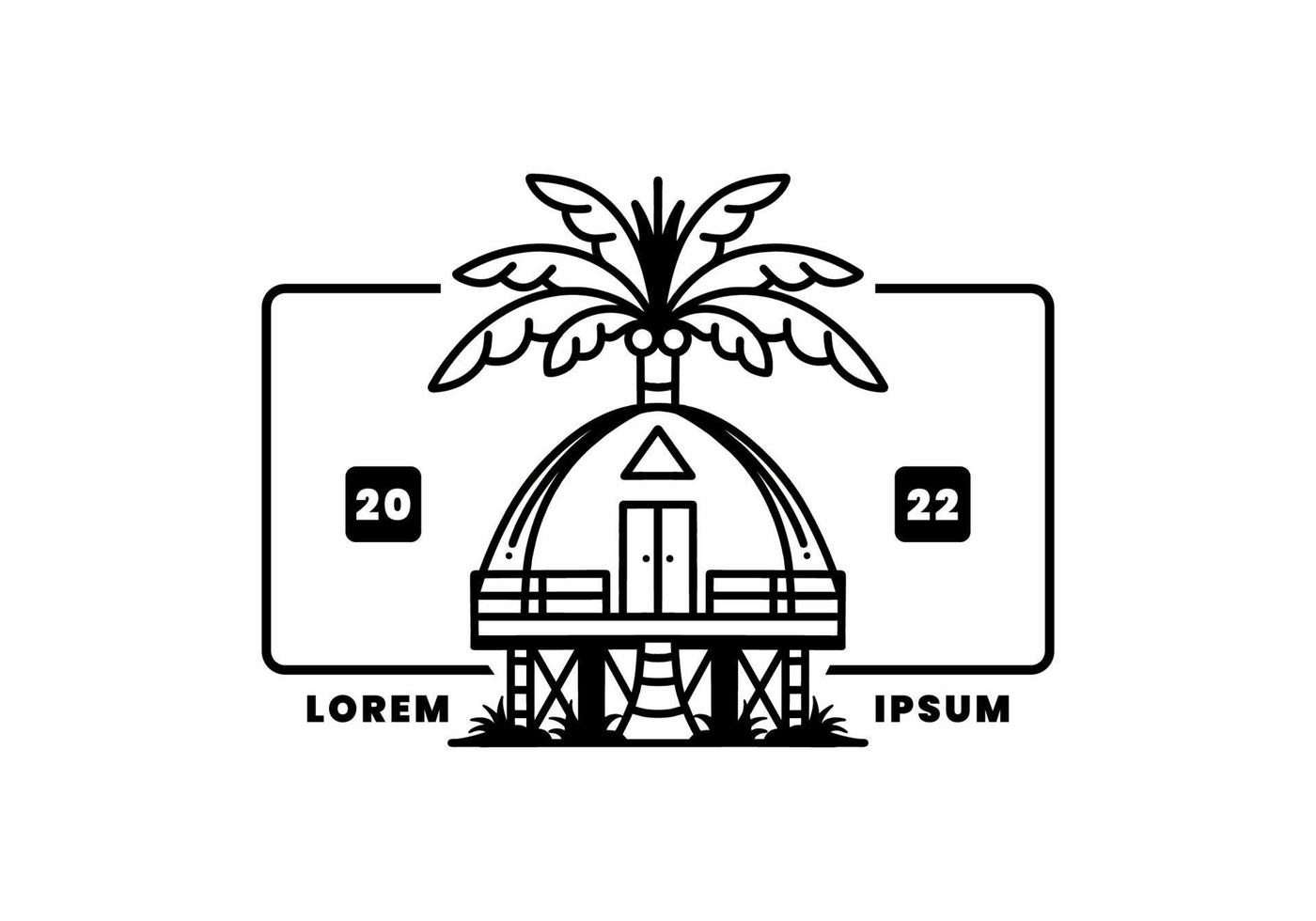 Wooden house with big coconut tree badge design vector