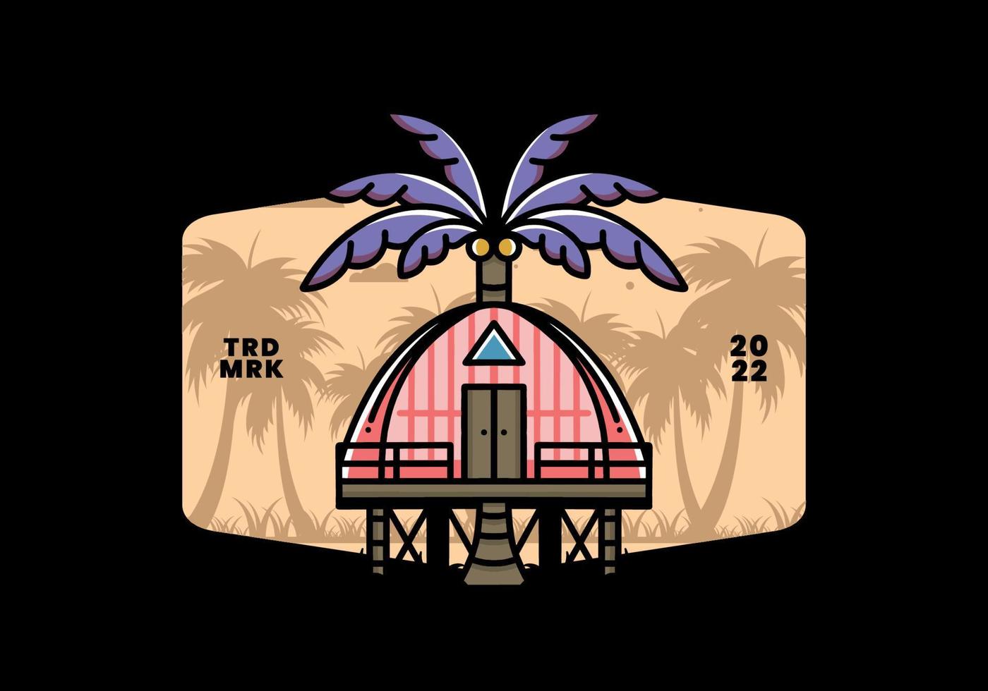 Wooden house with big coconut tree badge design vector