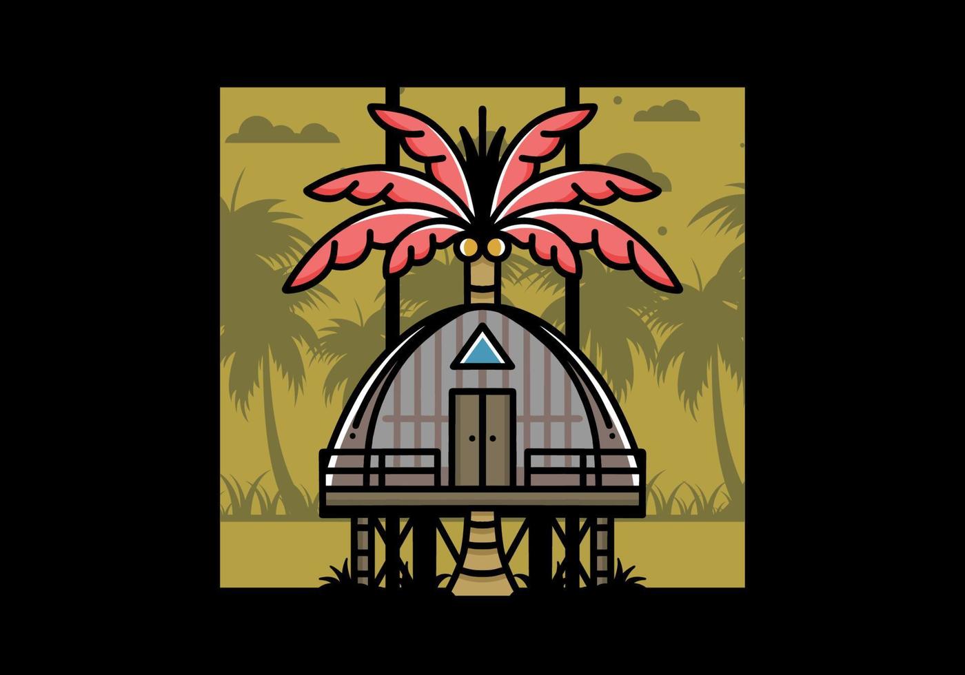 Wooden house with big coconut tree badge design vector