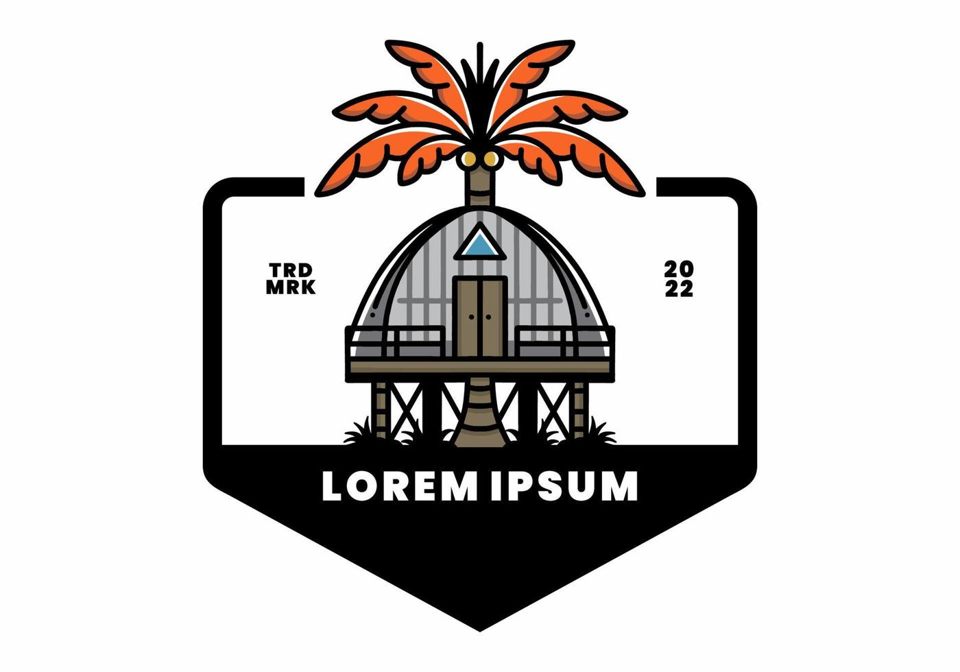 Wooden house with big coconut tree badge design vector