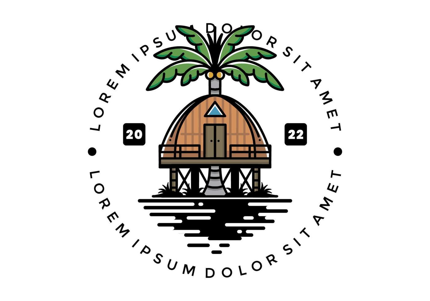 Wooden house with big coconut tree badge design vector