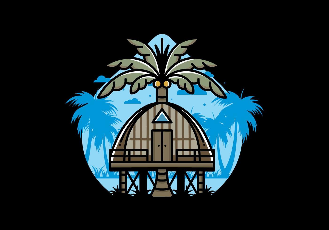 Wooden house with big coconut tree badge design vector