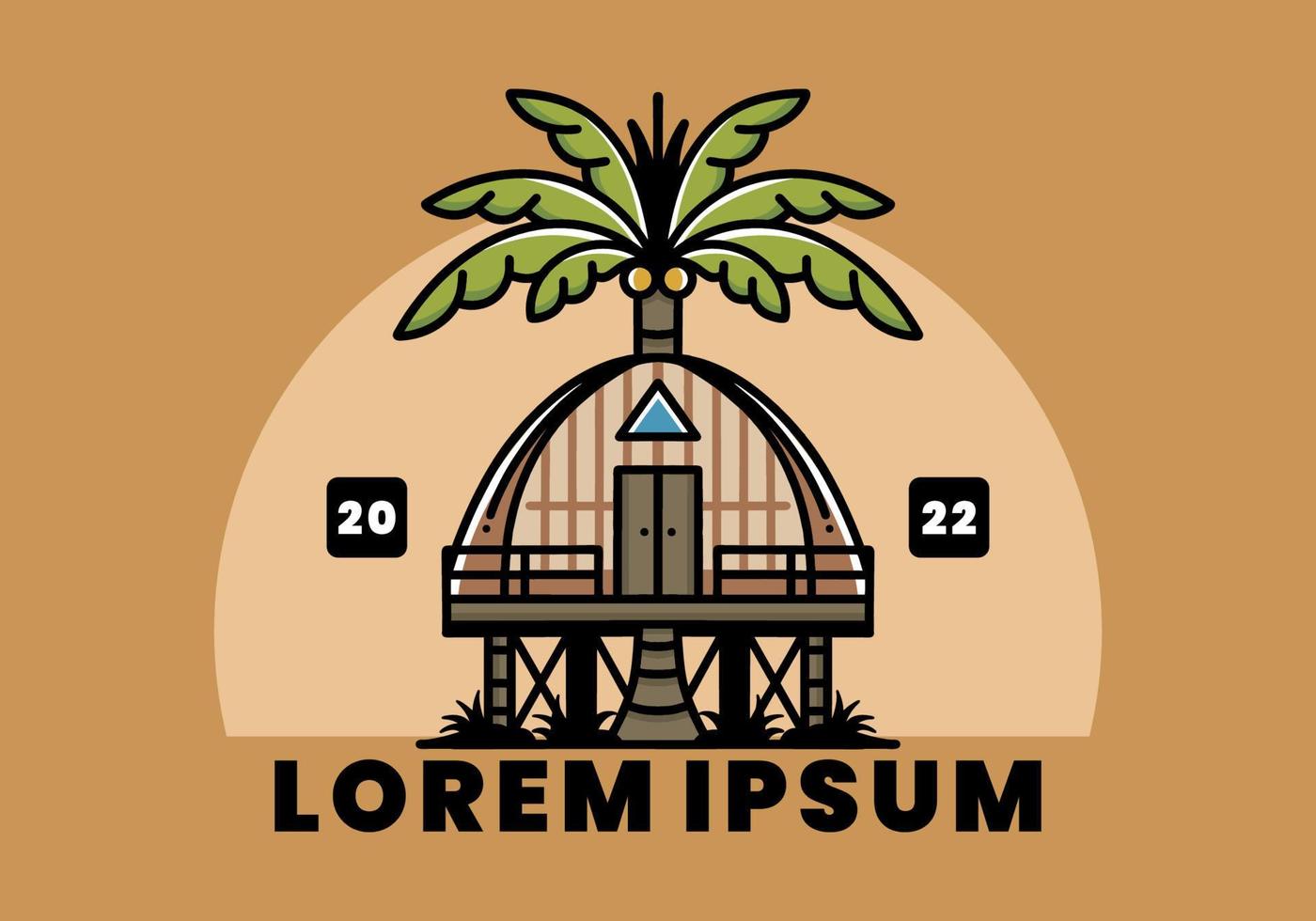 Wooden house with big coconut tree badge design vector