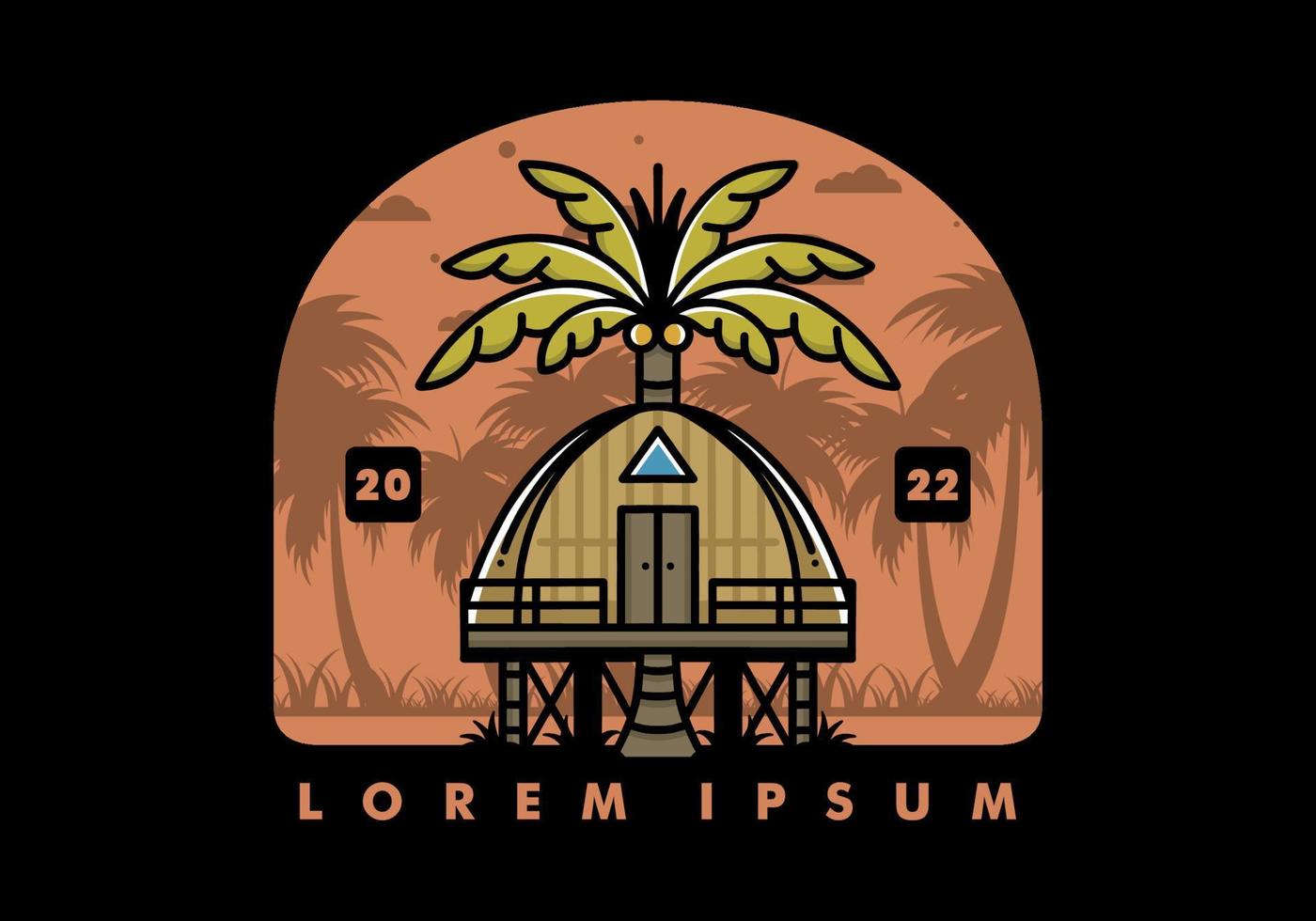 Wooden house with big coconut tree badge design vector