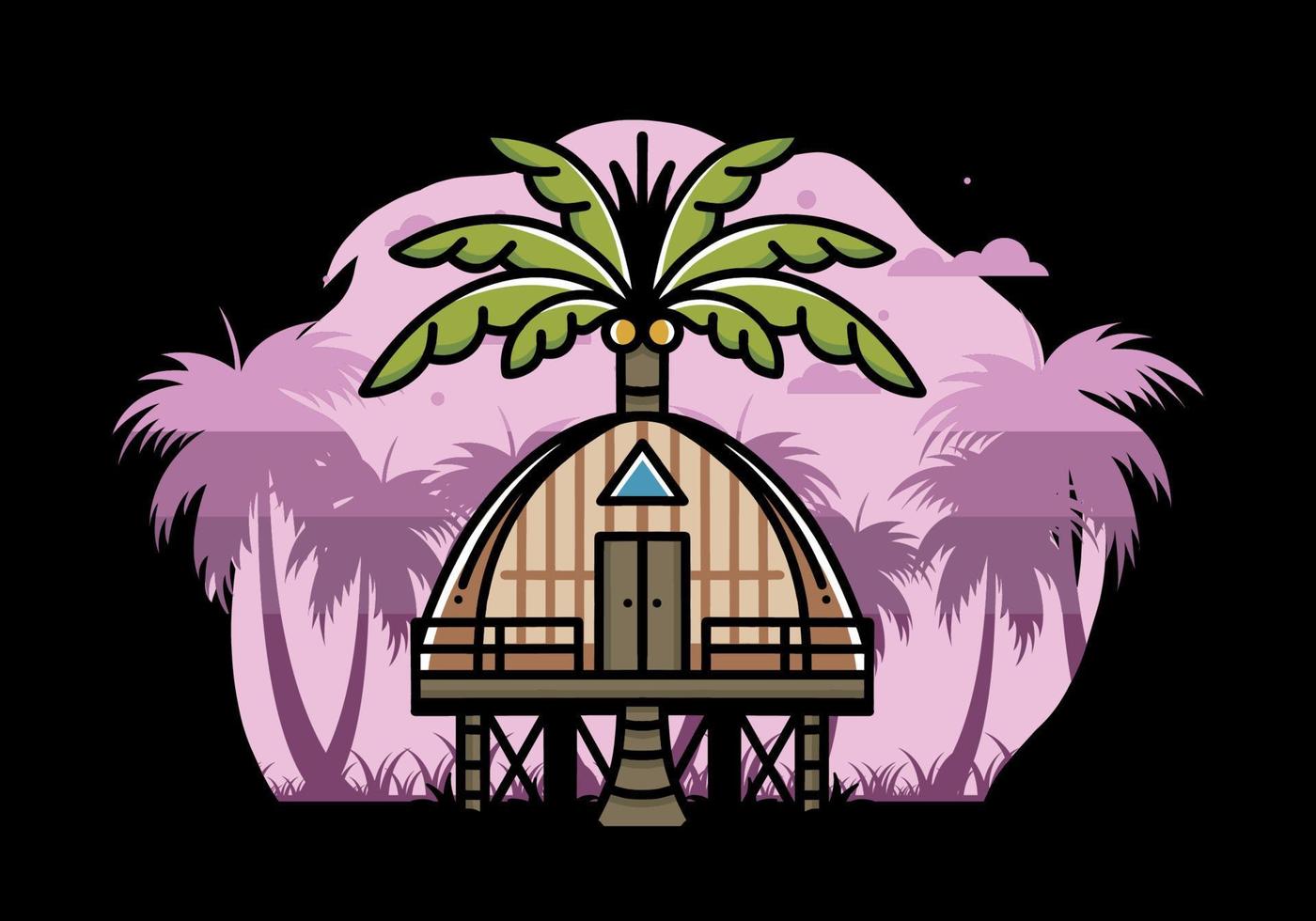 Wooden house with big coconut tree badge design vector