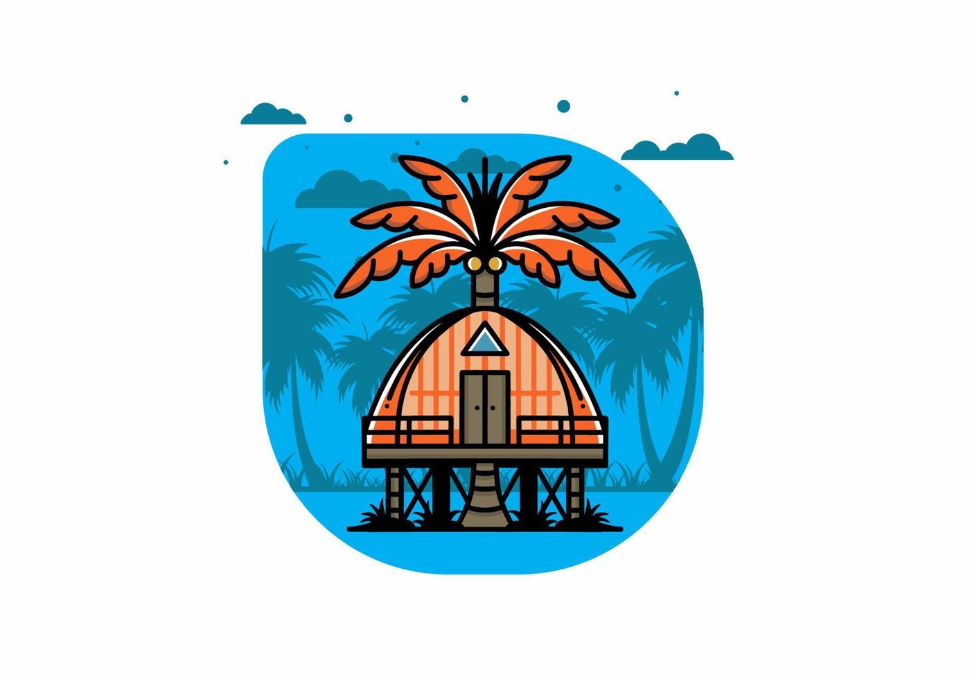 Wooden house with big coconut tree badge design vector