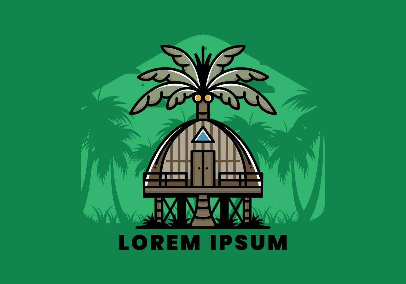 Wooden house with big coconut tree badge design vector