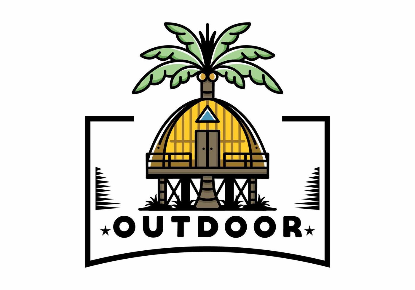 Wooden house with big coconut tree badge design vector