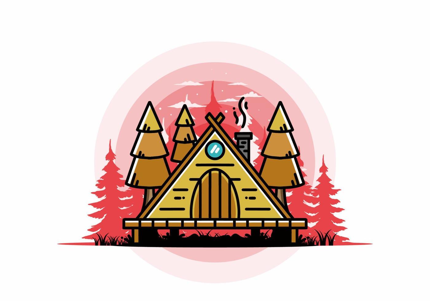 Triangle wooden cabin between pine tress illustration design vector