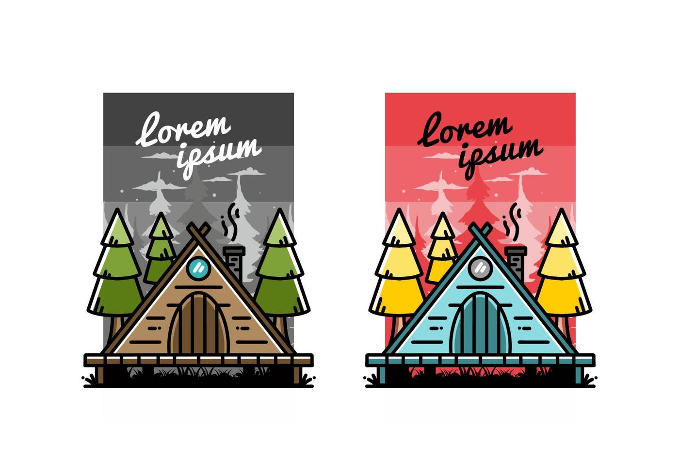 Triangle wooden cabin between pine tress illustration design vector