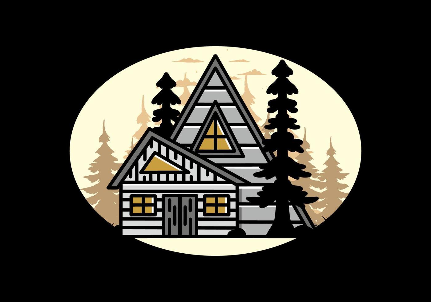 Aesthetic wood house between two pine tree illustration badge design vector