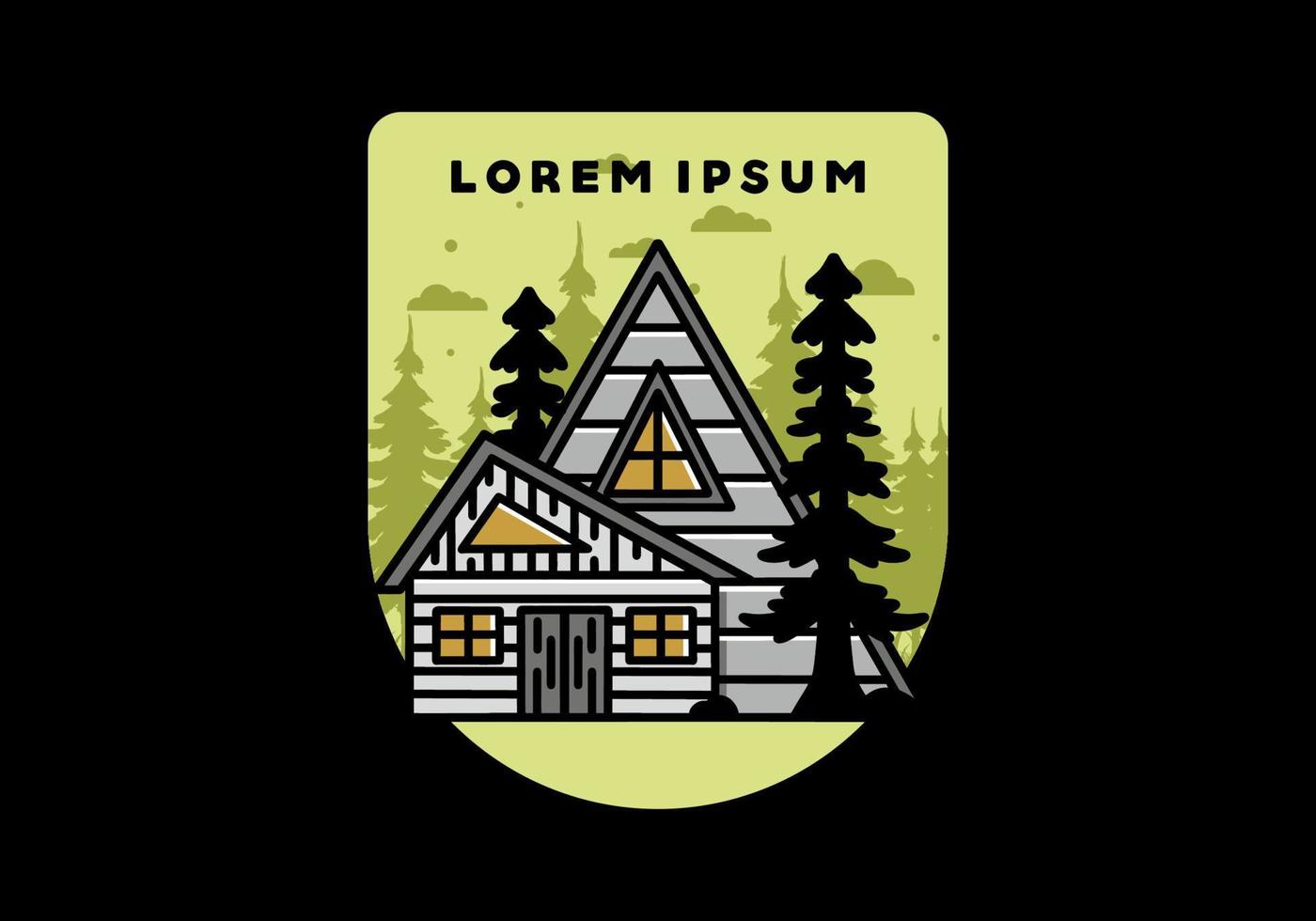 Aesthetic wood house between two pine tree illustration badge design vector