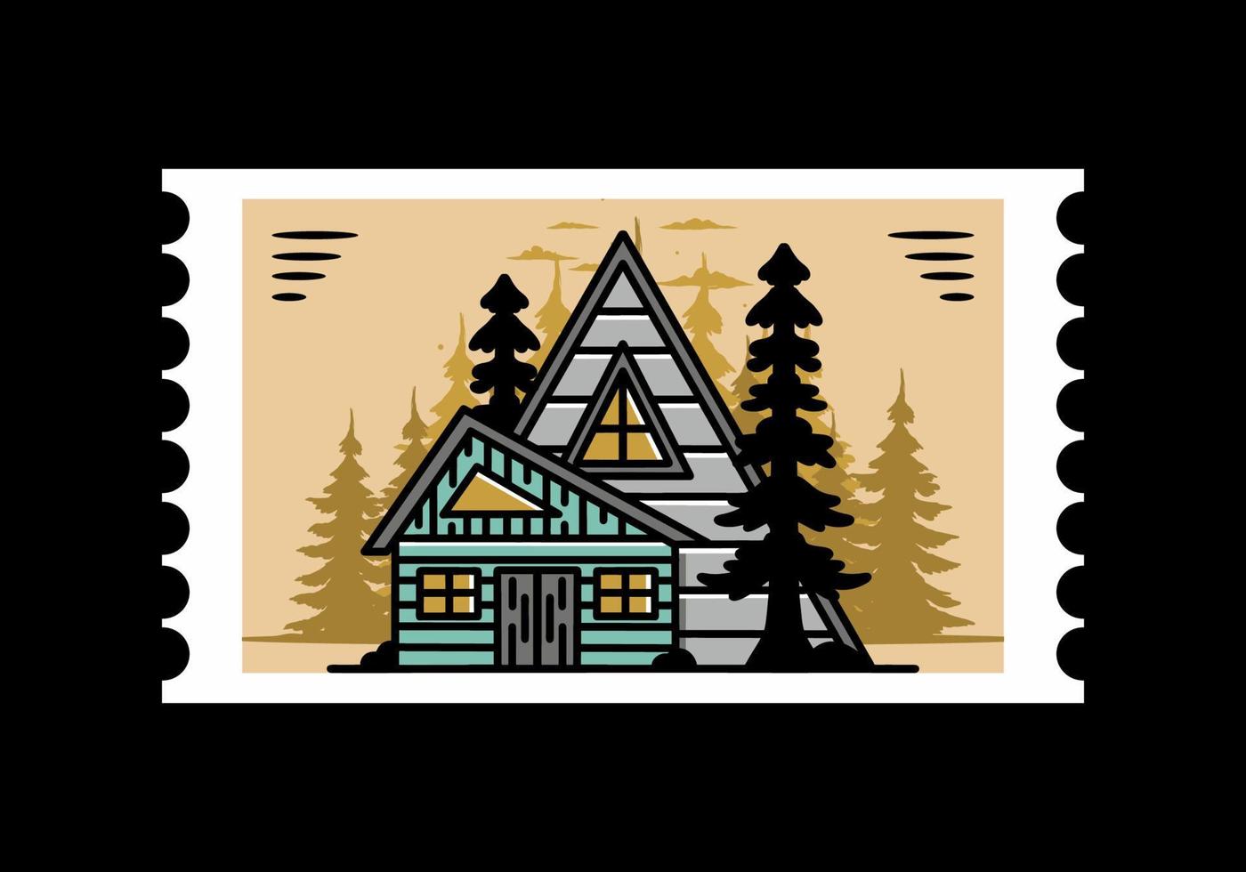 Aesthetic wood house between two pine tree illustration badge design vector
