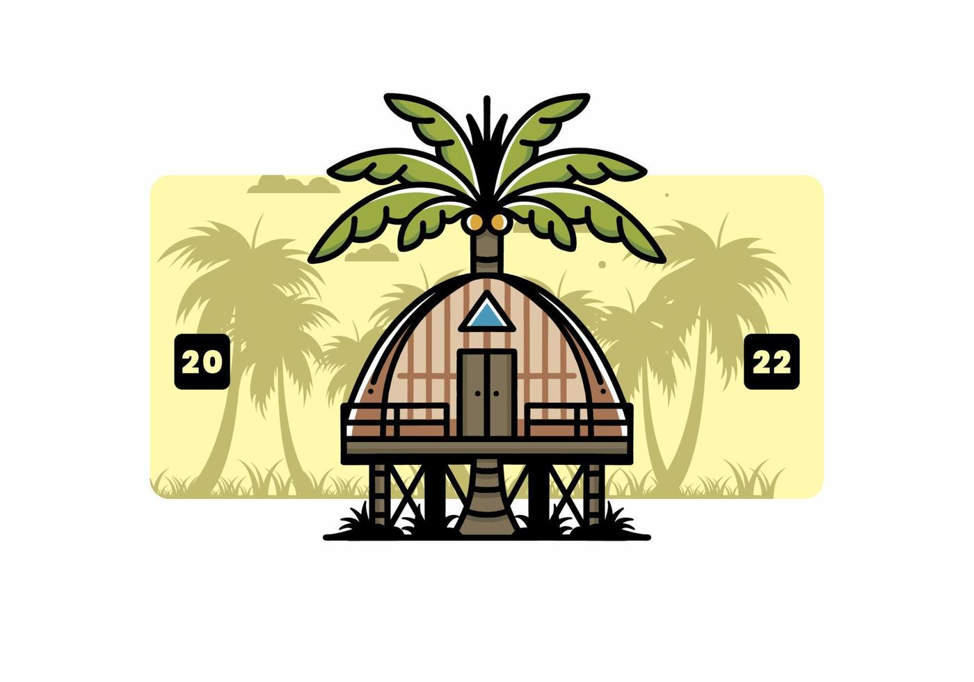 Wooden house with big coconut tree badge design vector