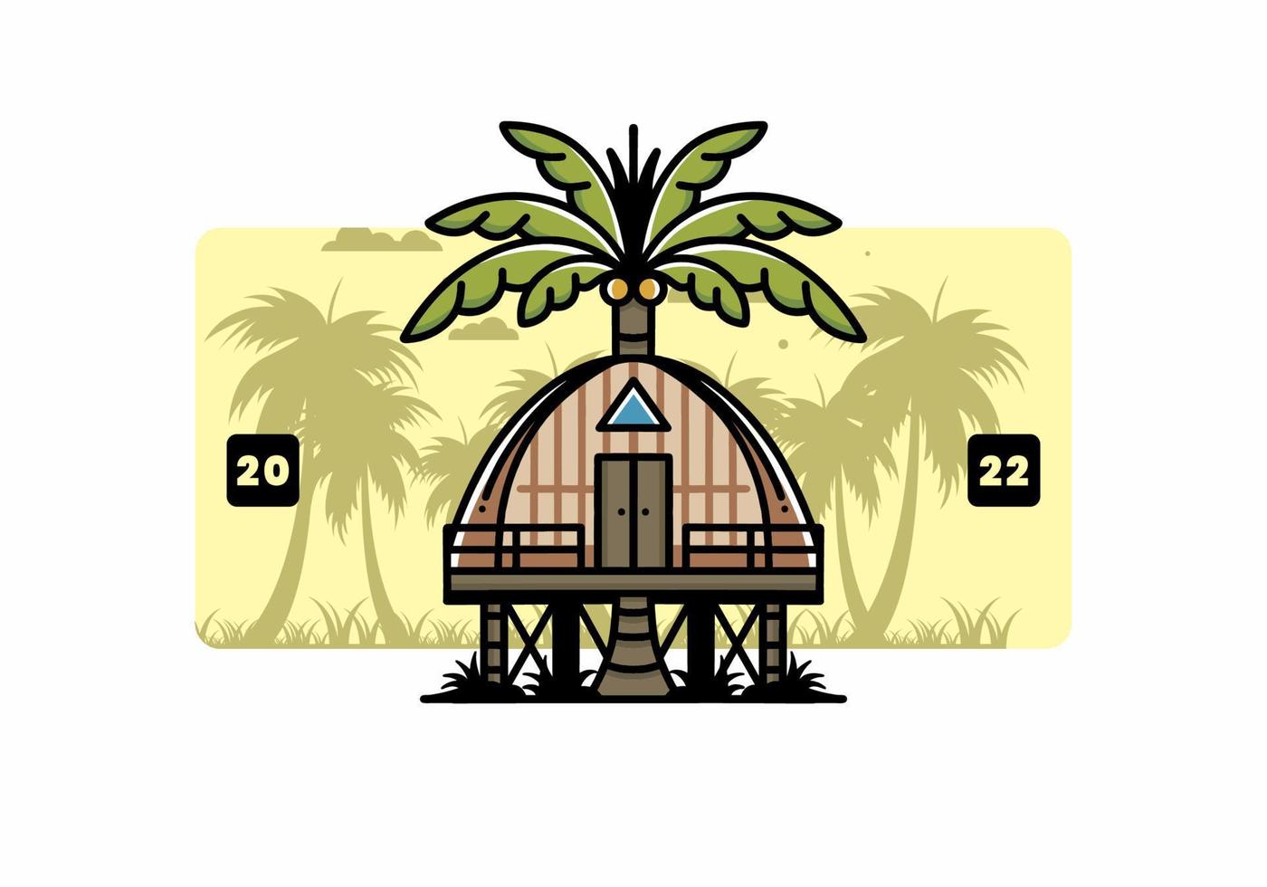 casa de madera con un gran diseño de insignia de árbol de coco vector