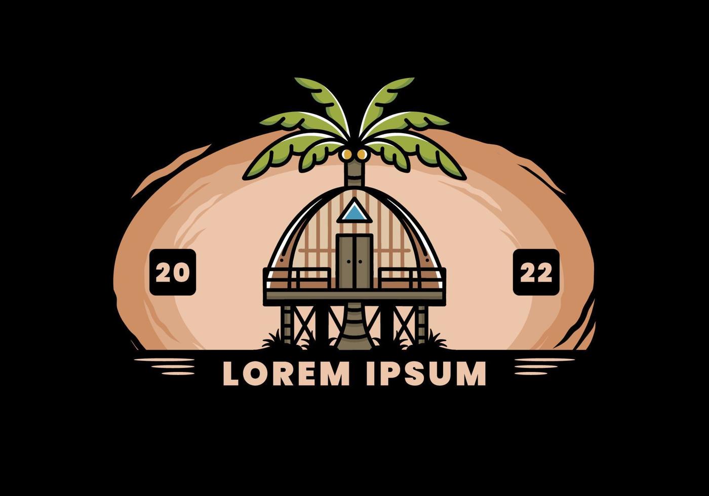 Wooden house with big coconut tree badge design vector