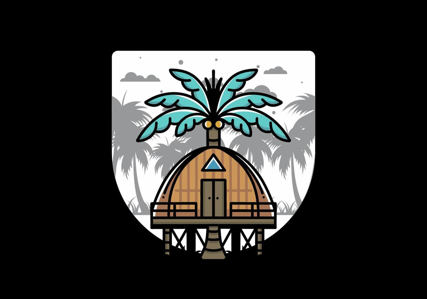 Wooden house with big coconut tree badge design vector