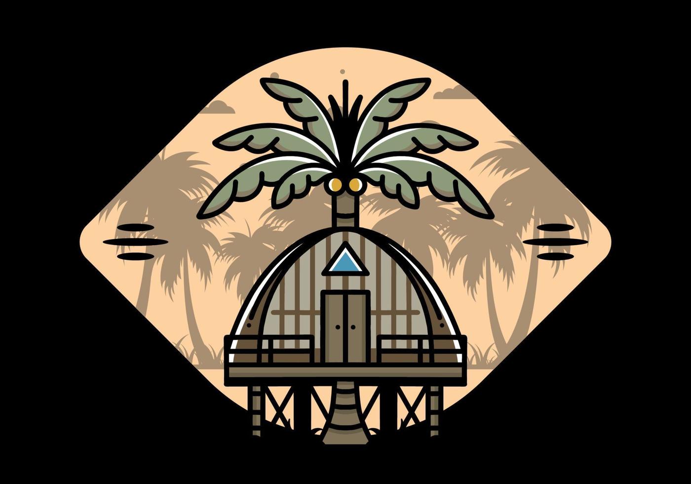 Wooden house with big coconut tree badge design vector