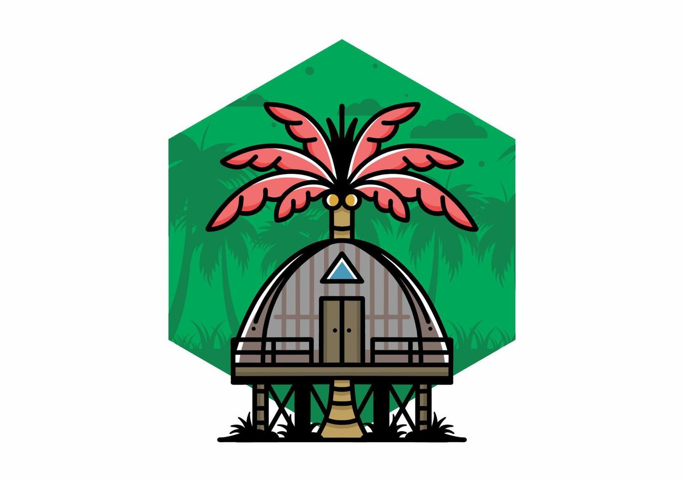 Wooden house with big coconut tree badge design vector