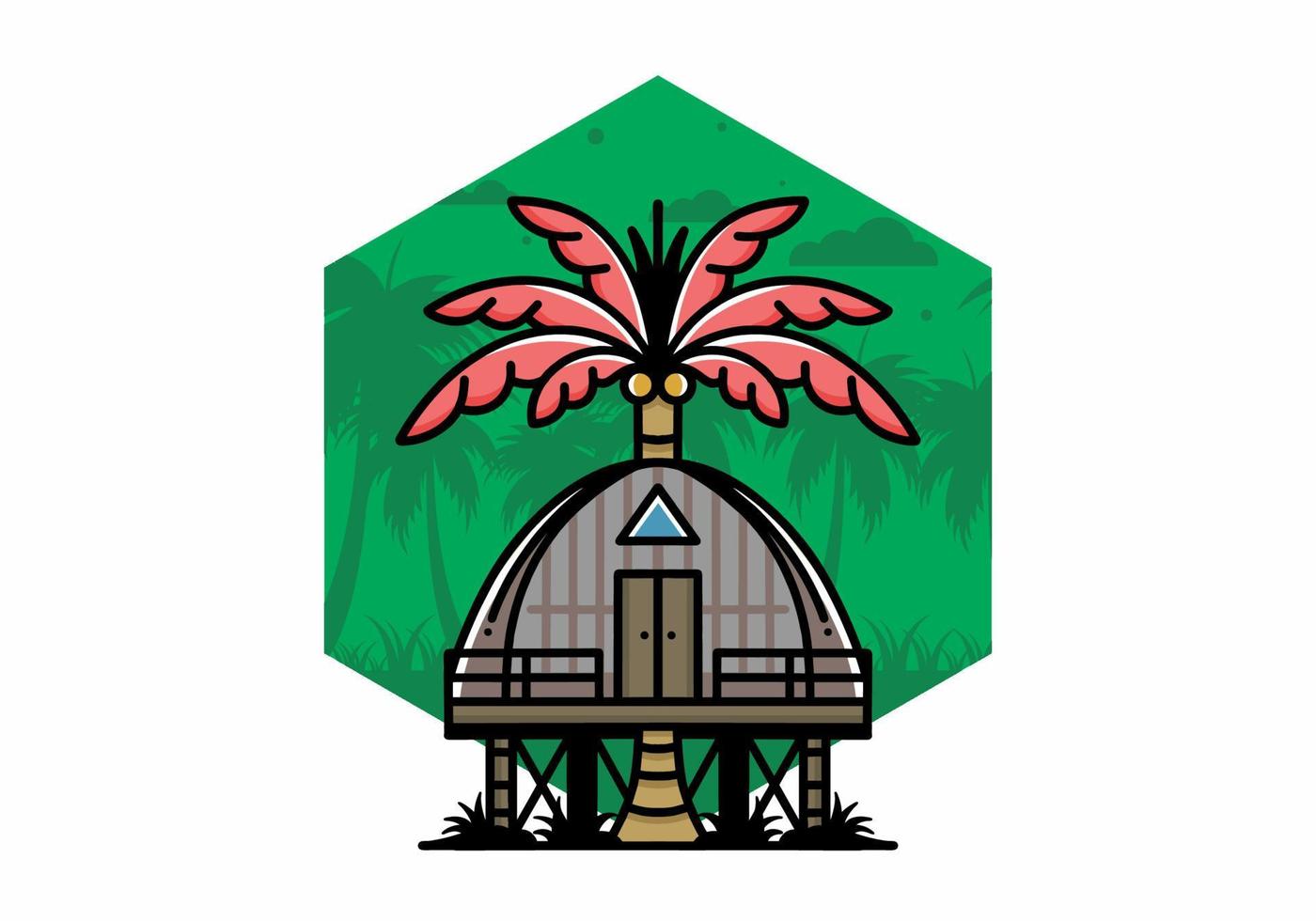 Wooden house with big coconut tree badge design vector