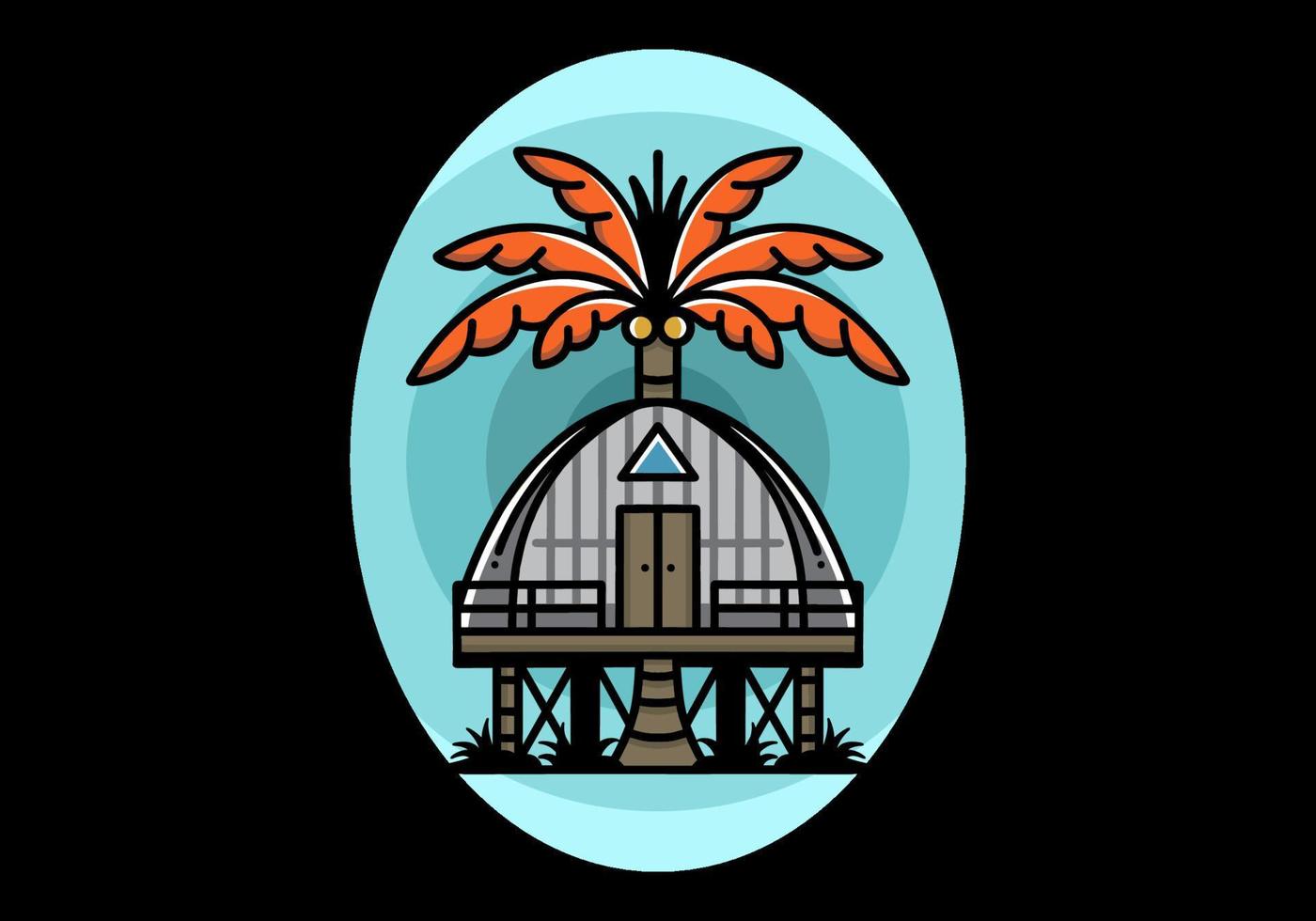 Wooden house with big coconut tree badge design vector