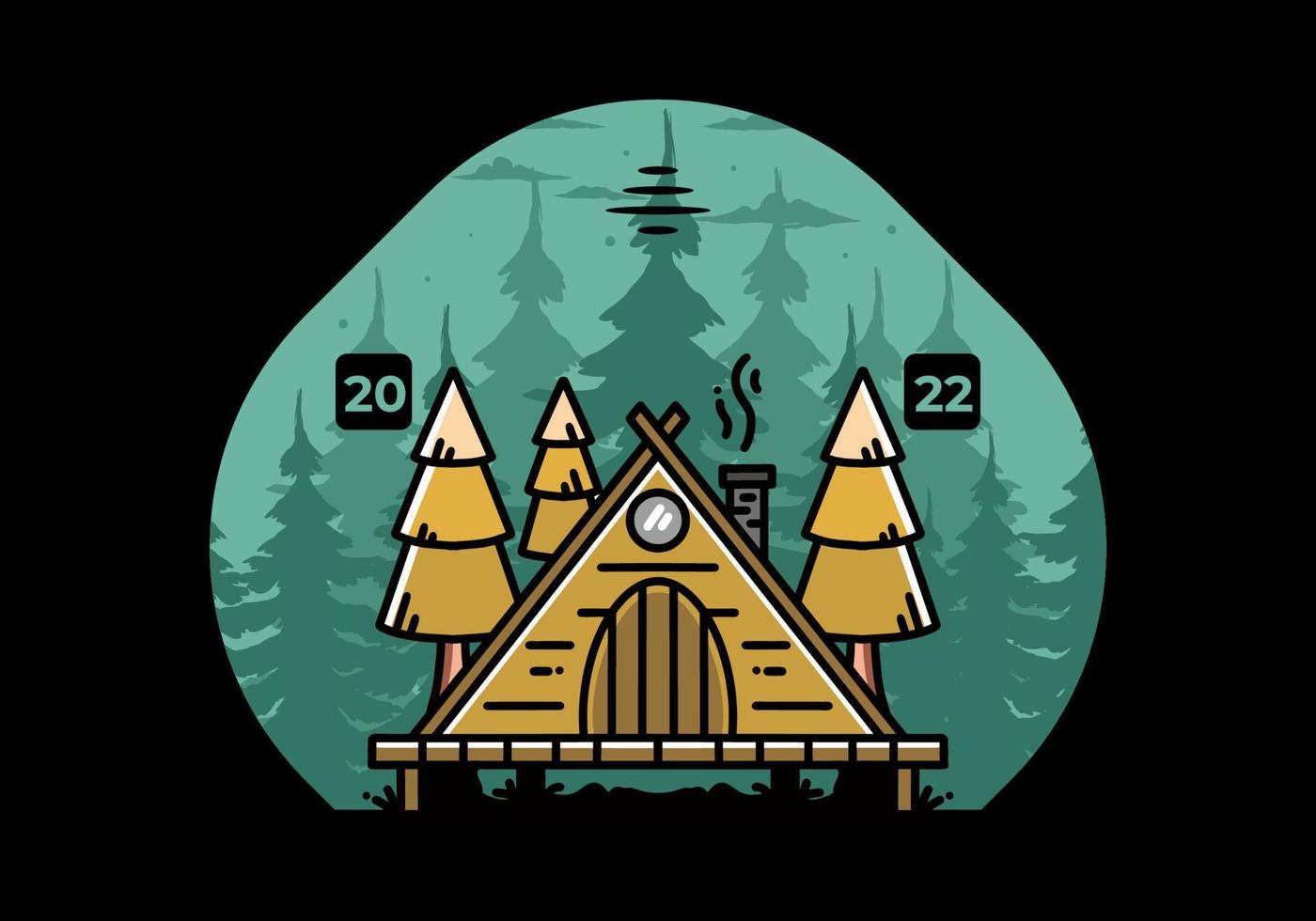 Triangle wooden cabin between pine tress illustration design vector