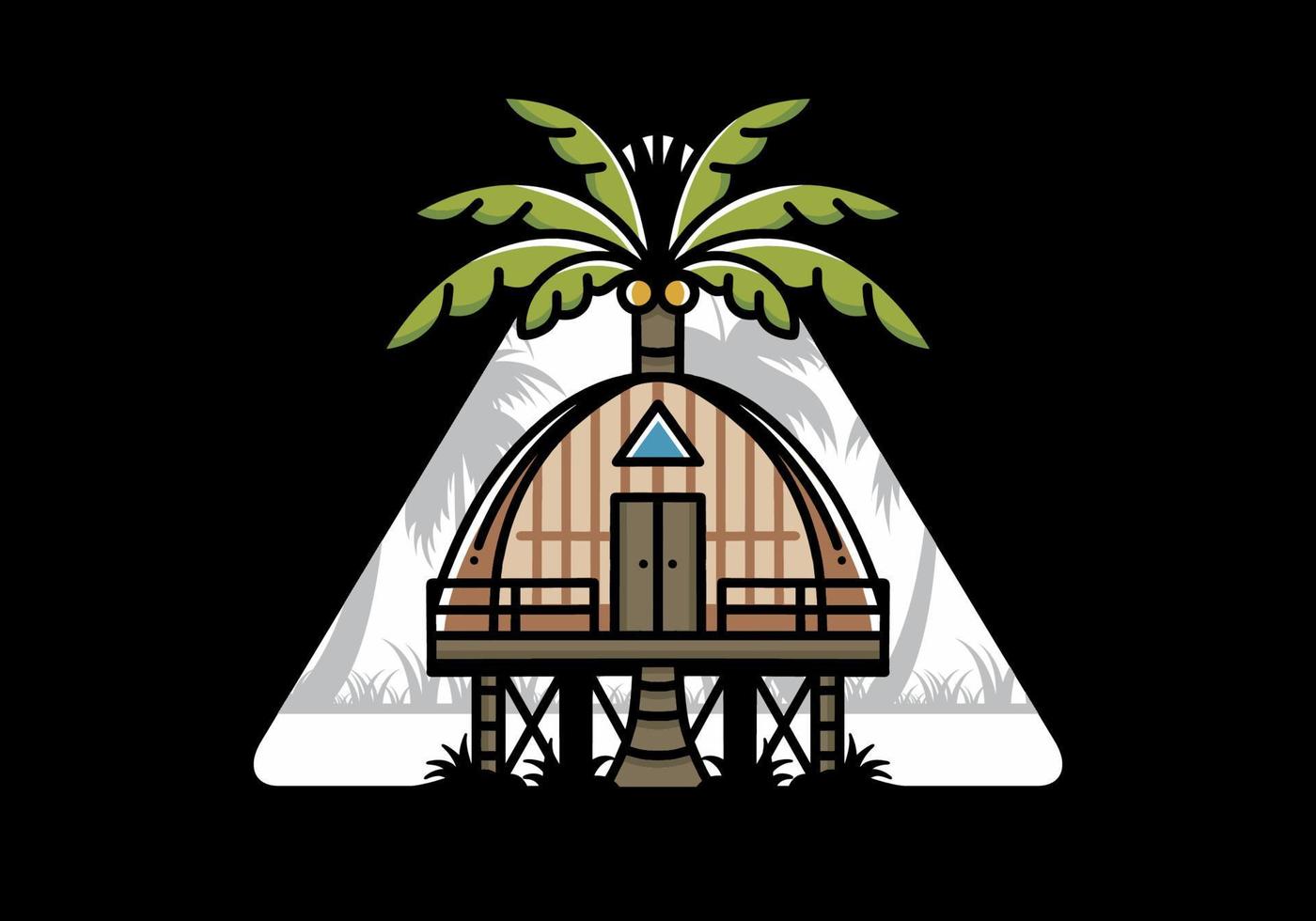 Wooden house with big coconut tree badge design vector