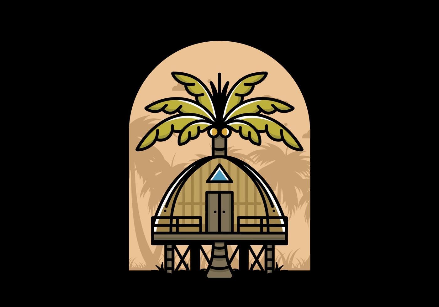 Wooden house with big coconut tree badge design vector