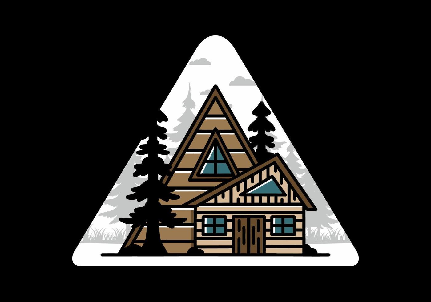 Aesthetic wood house between two pine tree illustration badge design vector