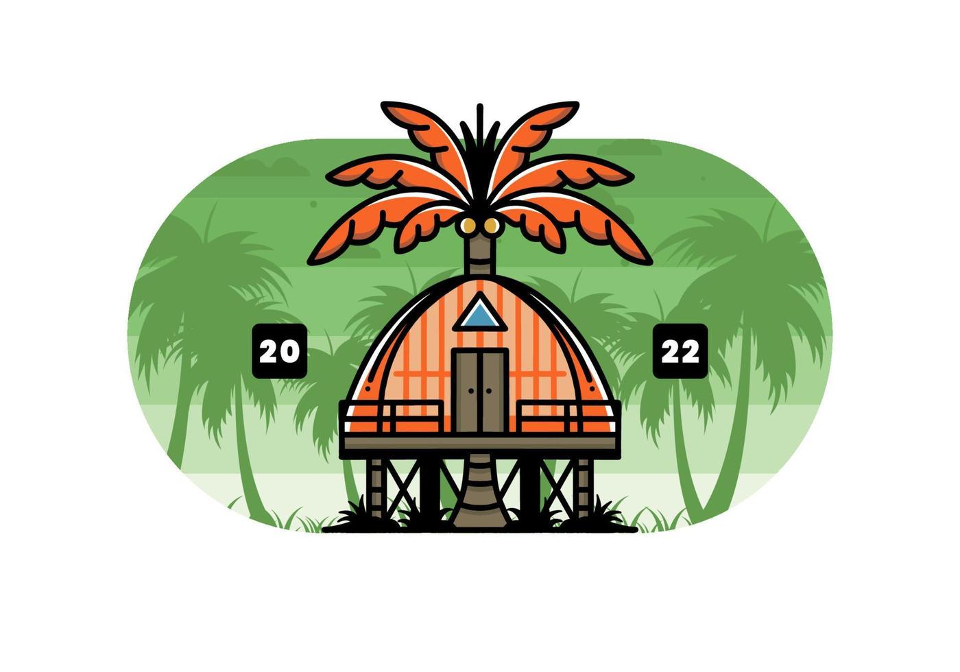 Wooden house with big coconut tree badge design vector