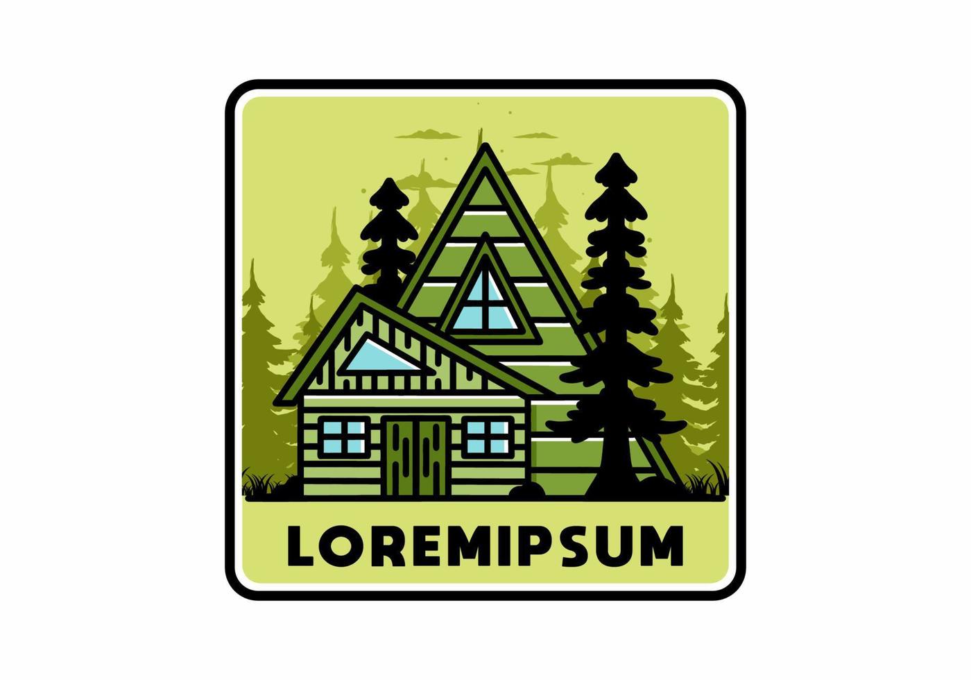 Aesthetic wood house between two pine tree illustration badge design vector