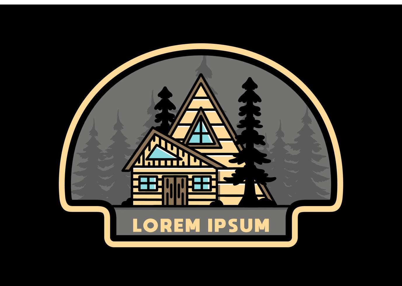 Aesthetic wood house between two pine tree illustration badge design vector