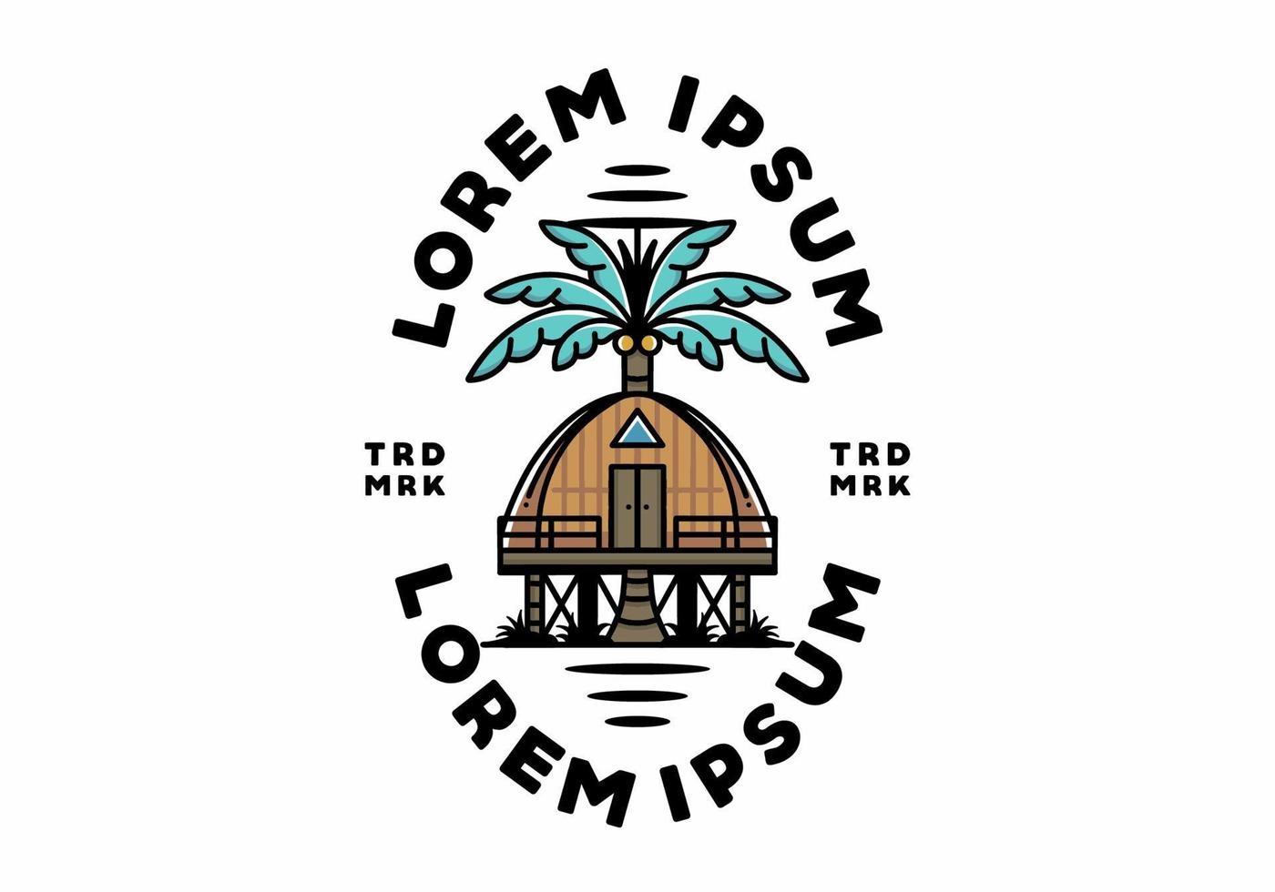Wooden house with big coconut tree badge design vector
