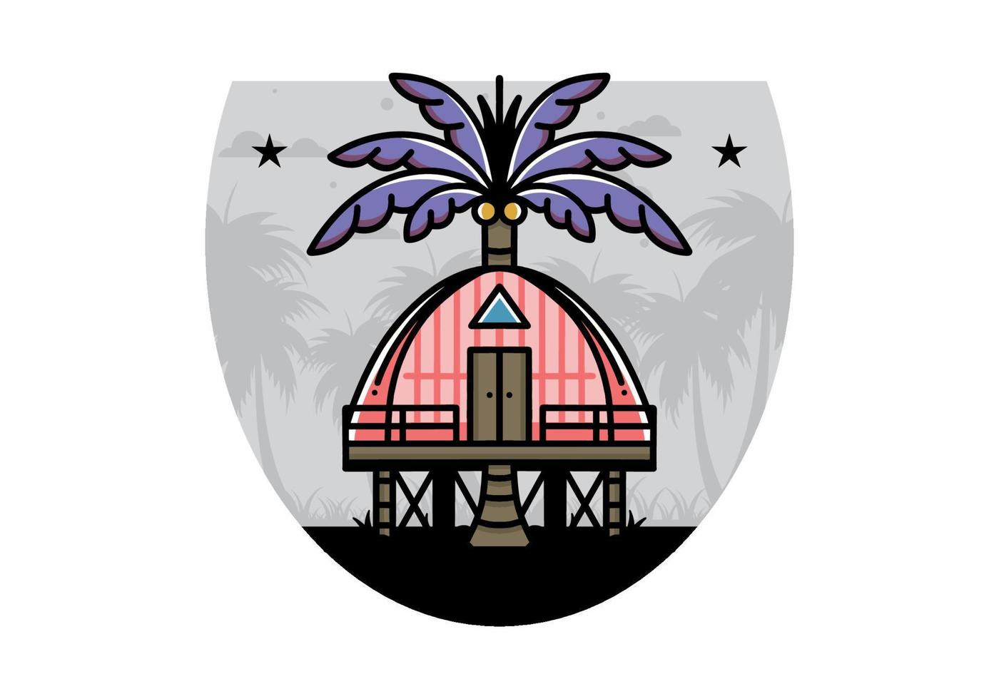 Wooden house with big coconut tree badge design vector