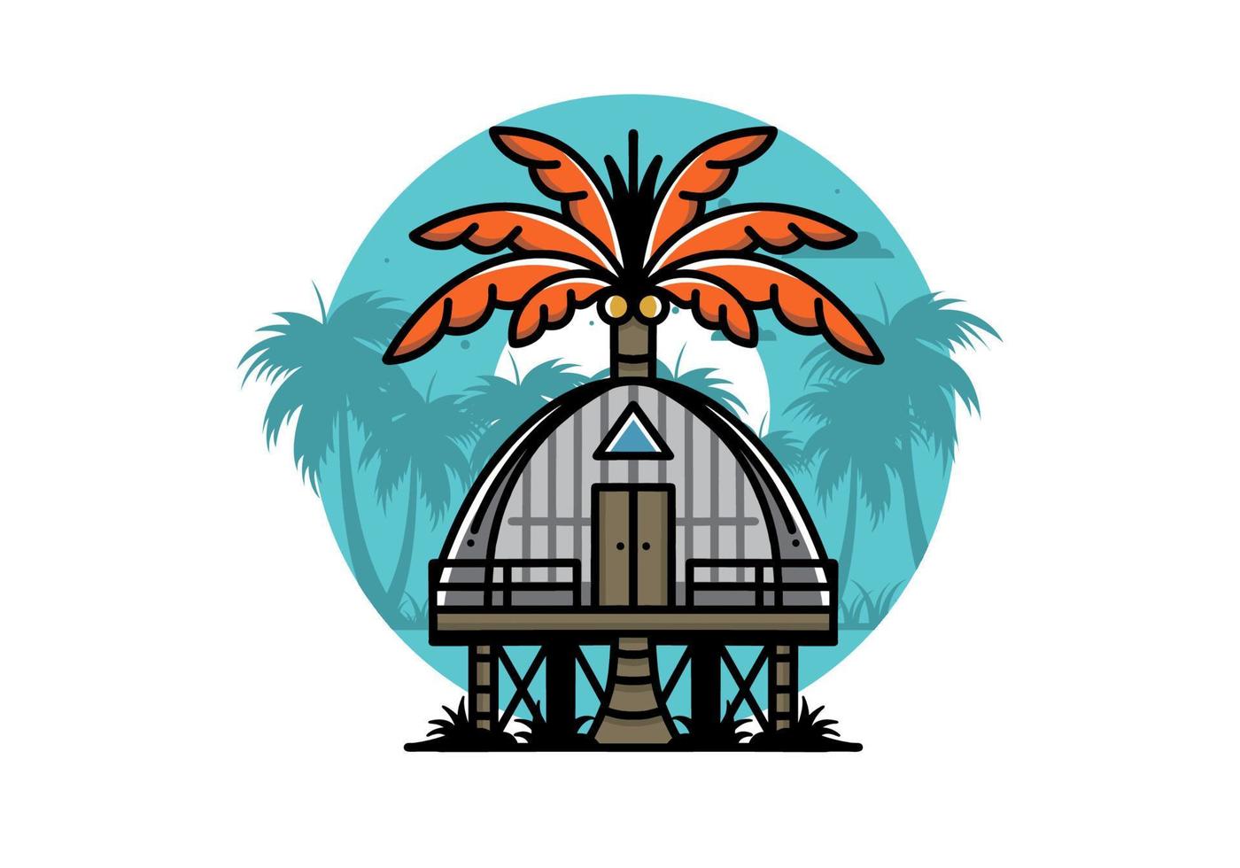 Wooden house with big coconut tree badge design vector