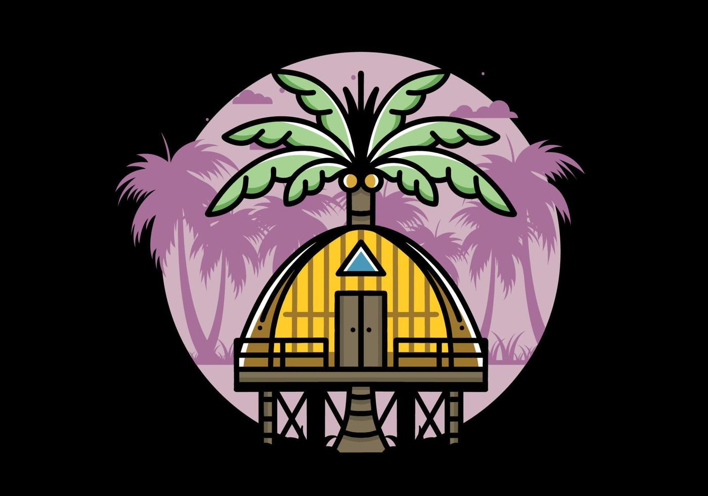 Wooden house with big coconut tree badge design vector