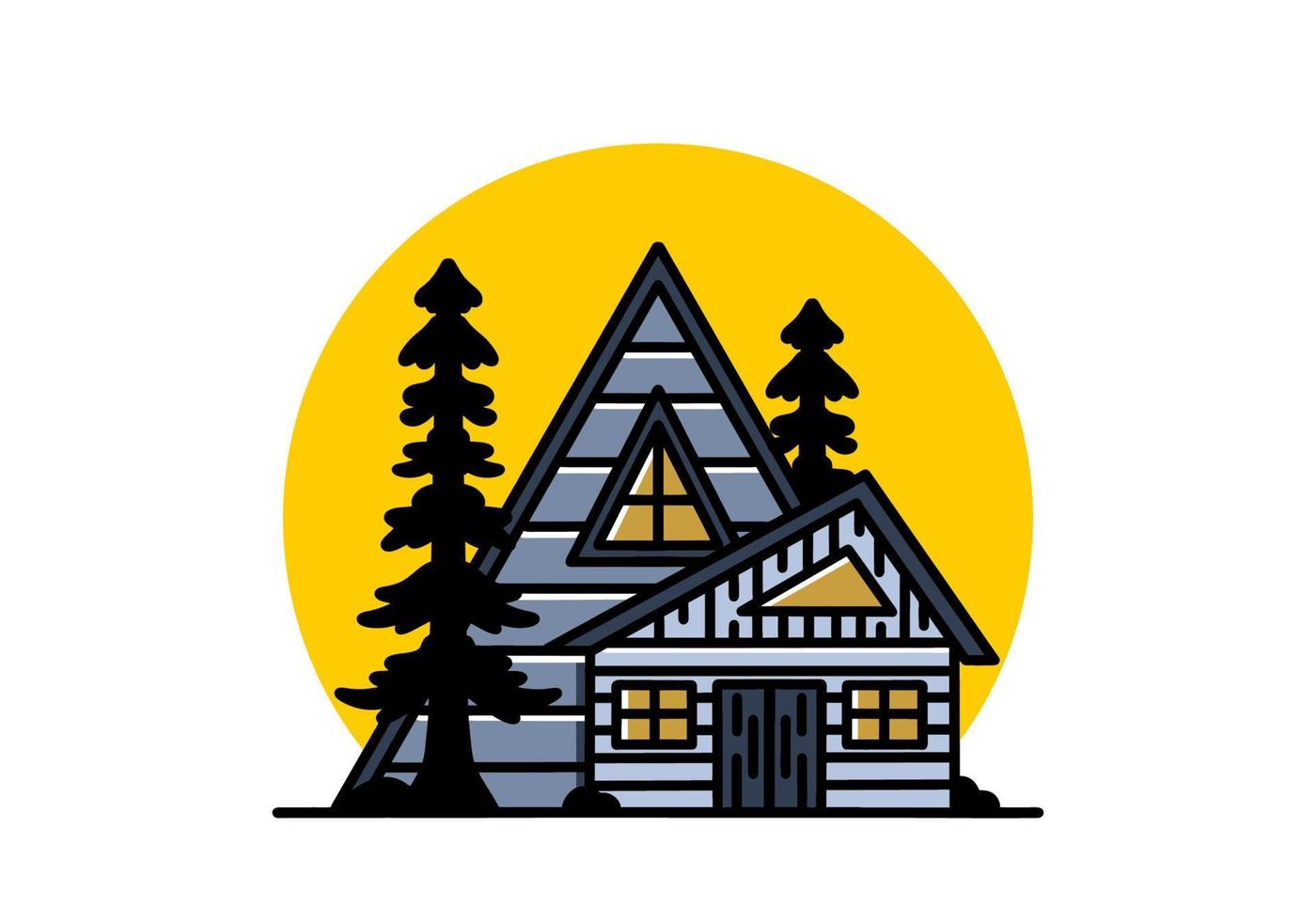 Aesthetic wood house between two pine tree illustration badge design vector