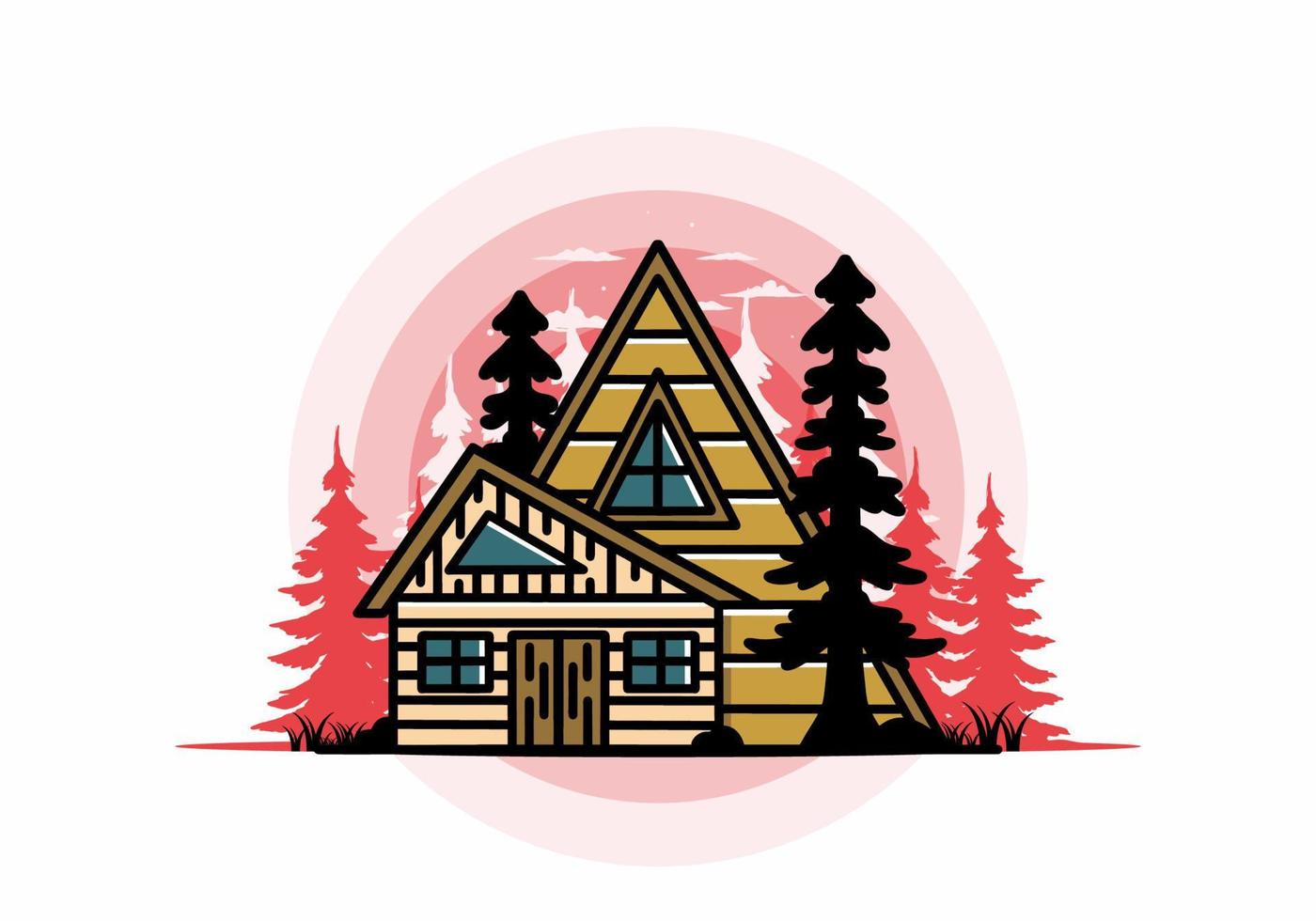 Aesthetic wood house between two pine tree illustration badge design vector