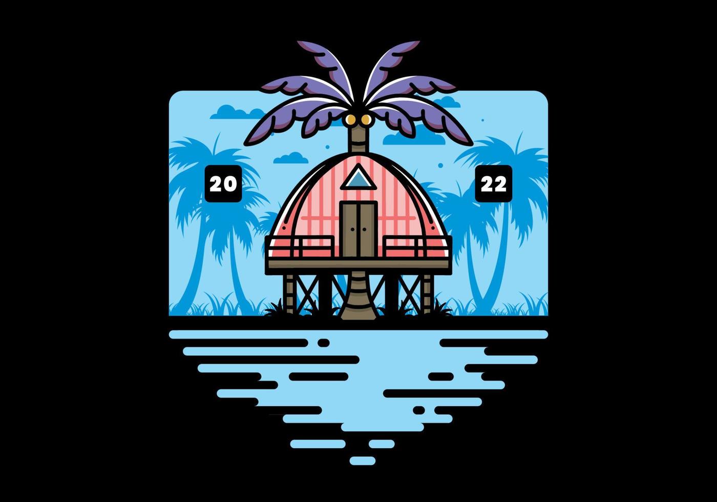 Wooden house with big coconut tree badge design vector