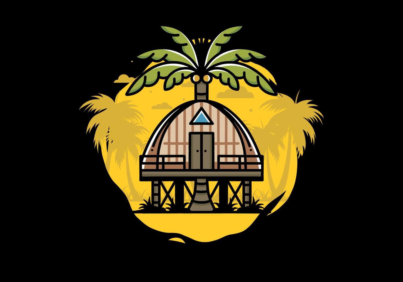 Wooden house with big coconut tree badge design vector