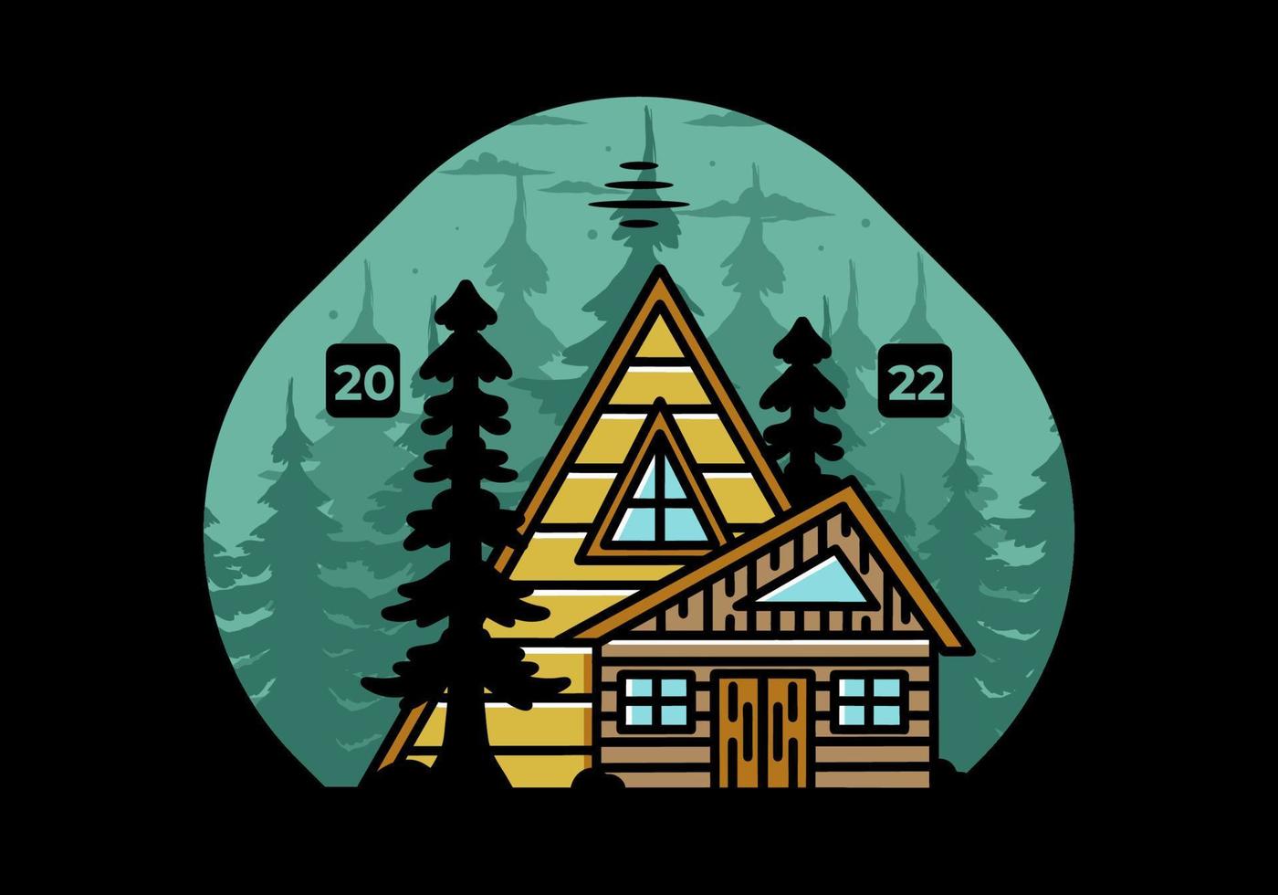 Aesthetic wood house between two pine tree illustration badge design vector