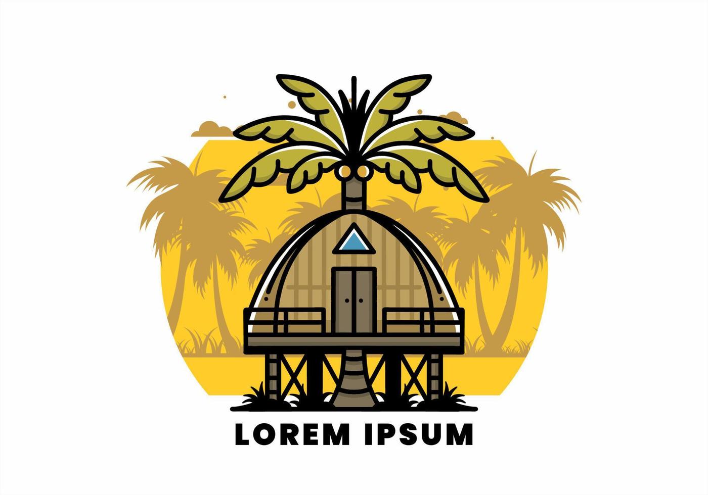 Wooden house with big coconut tree badge design vector