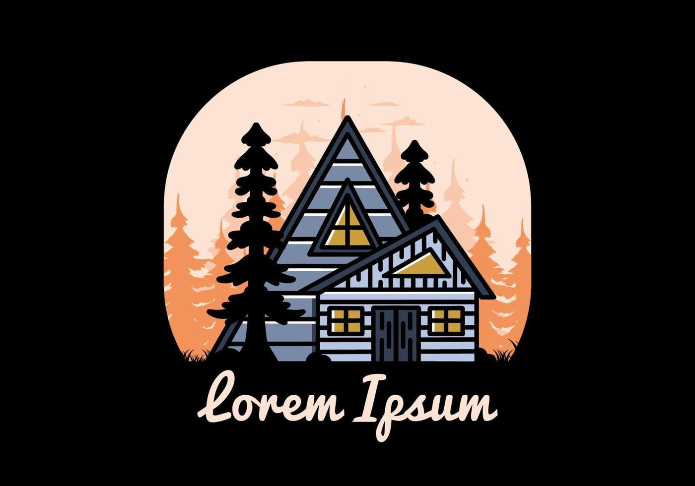 Aesthetic wood house between two pine tree illustration badge design vector