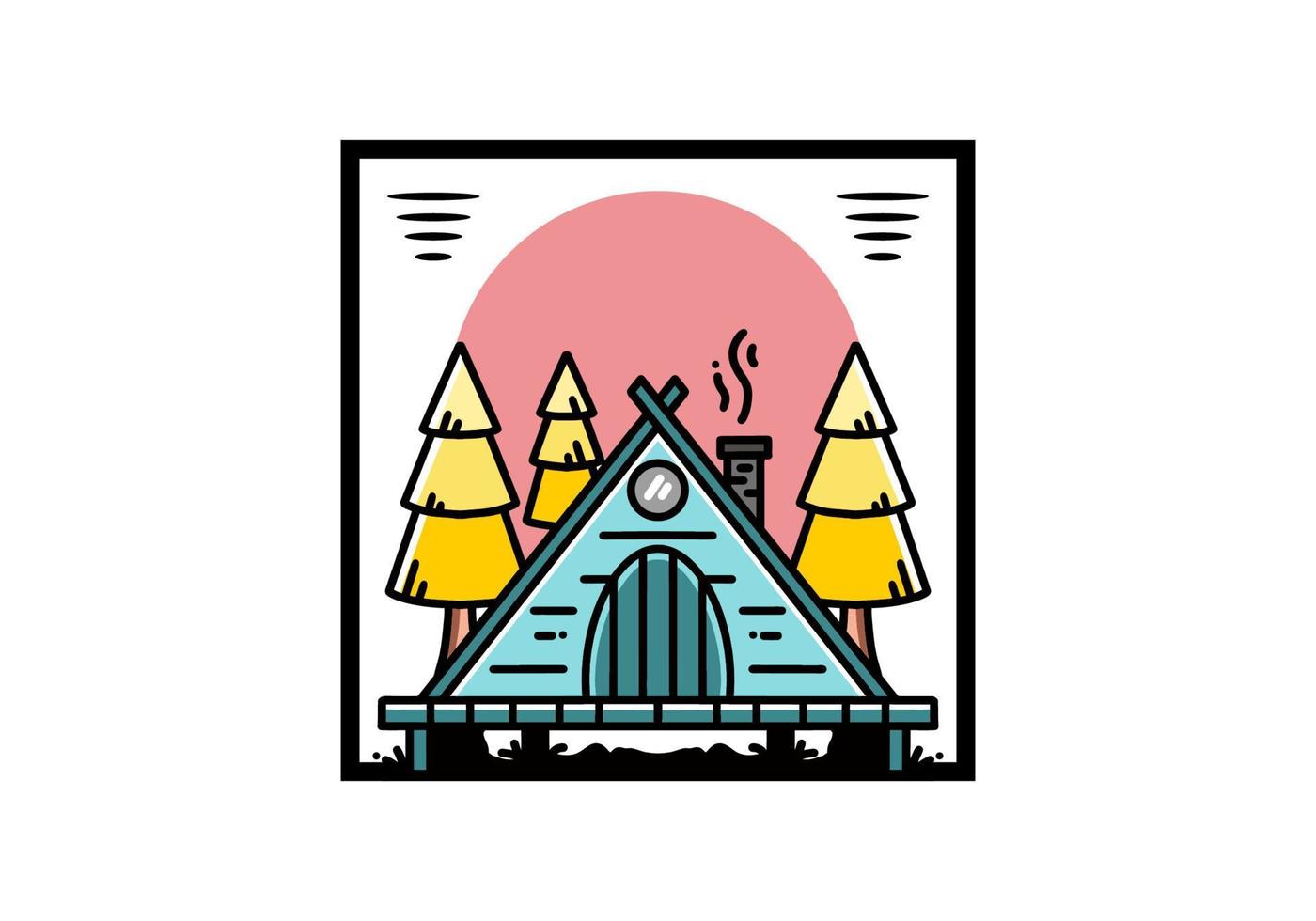 Triangle wooden cabin between pine tress illustration design vector