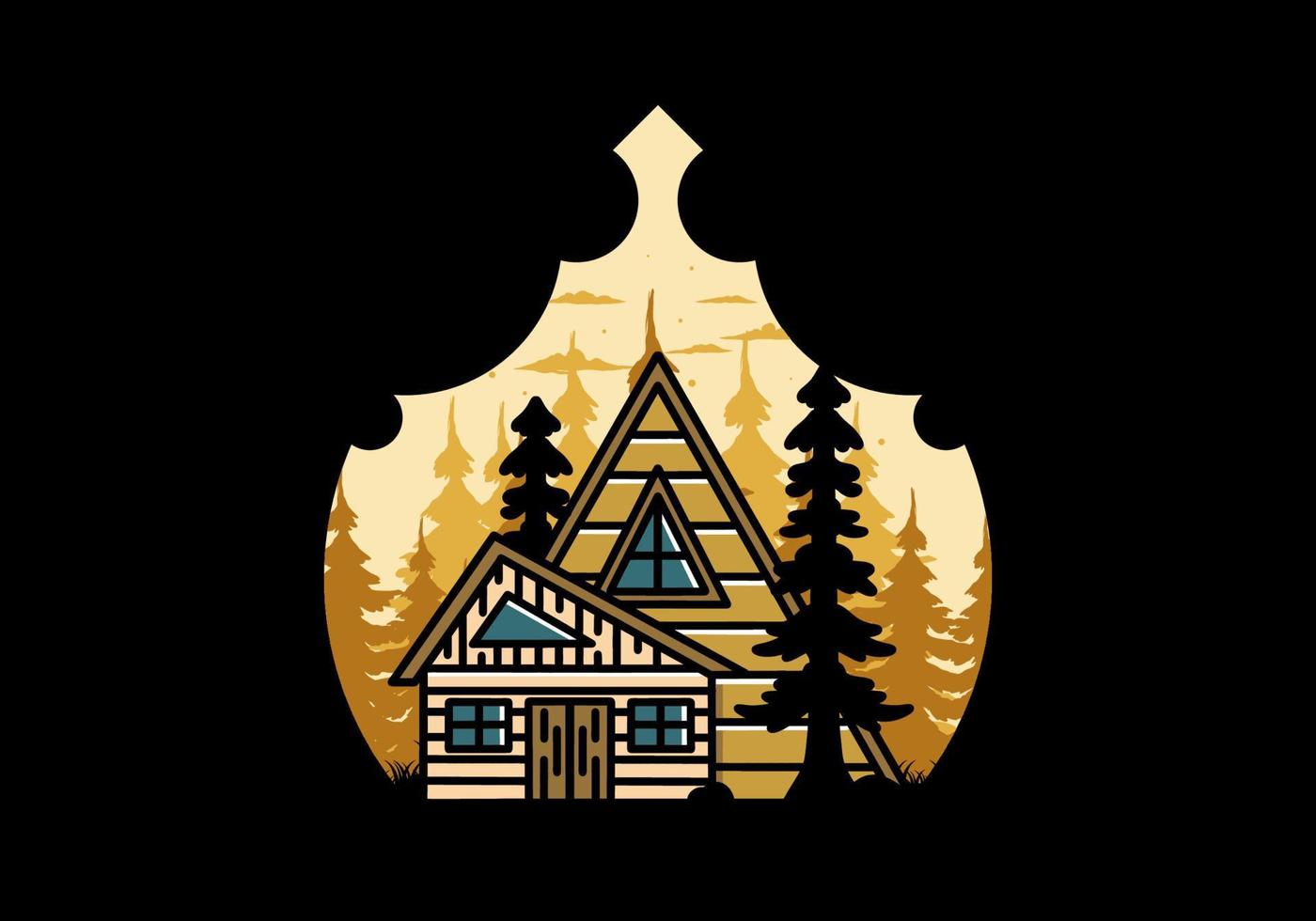 Aesthetic wood house between two pine tree illustration badge design vector